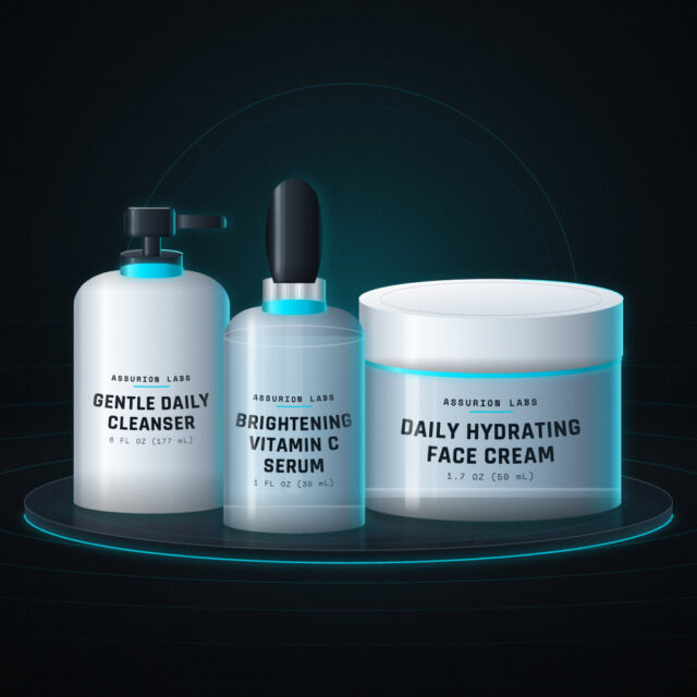 Assurion Labs Brightening Routine set with a cleanser, a vitamin C dropper serum, and a face cream on a dark background