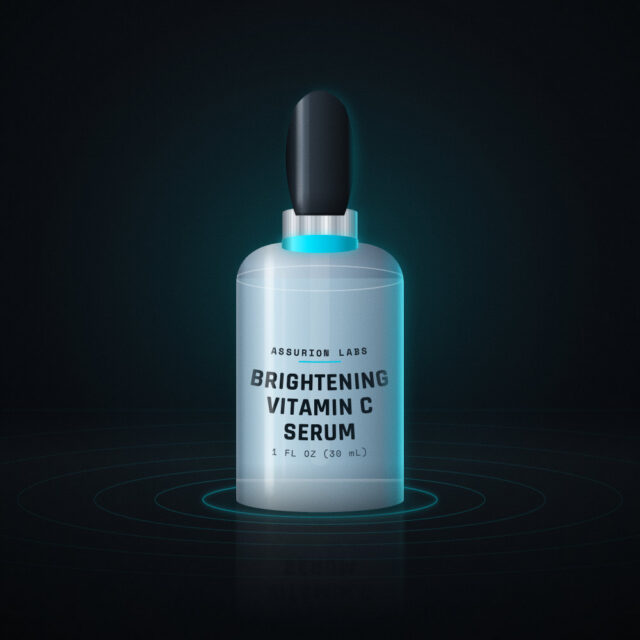 Glass dropper bottle of Assurion Labs Brightening Vitamin C Serum on a dark background