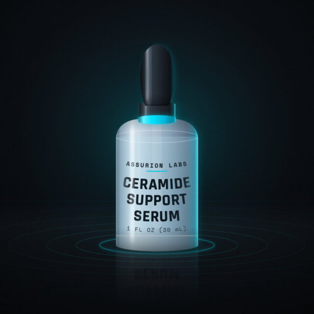 Glass dropper bottle of Assurion Labs Ceramide Support Serum on a dark background