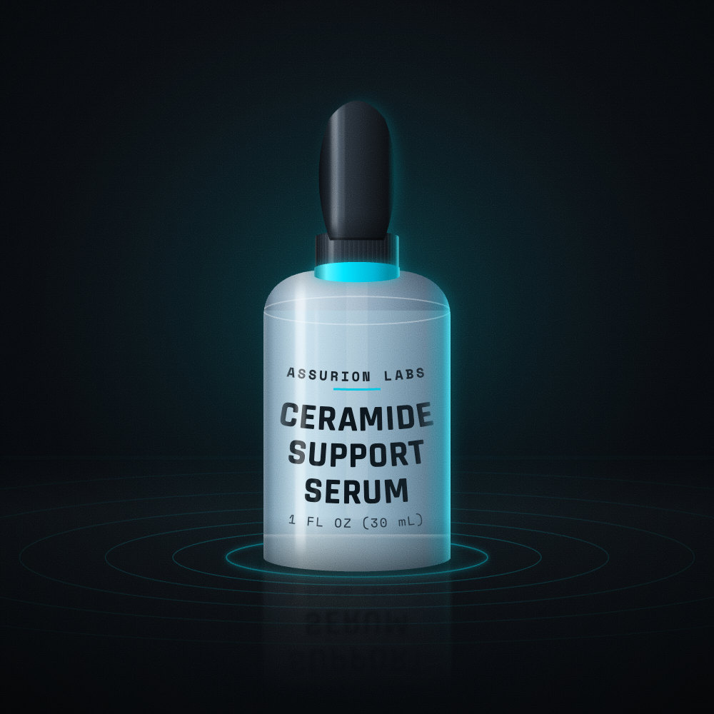 Glass dropper bottle of Assurion Labs Ceramide Support Serum on a dark background