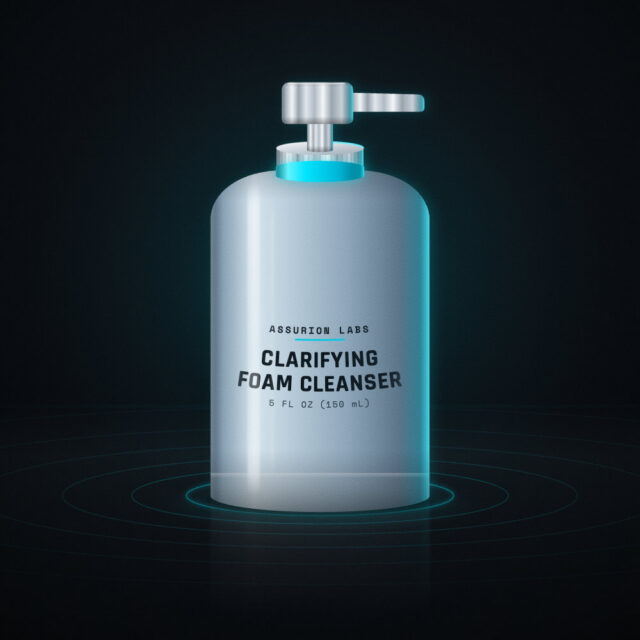 Frosted foam pump bottle of Assurion Labs Clarifying Foam Cleanser on a dark background