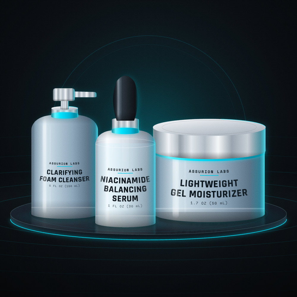 Assurion Labs Clear Skin Routine set with a foam cleanser, a dropper serum, and a gel moisturizer jar on a dark background