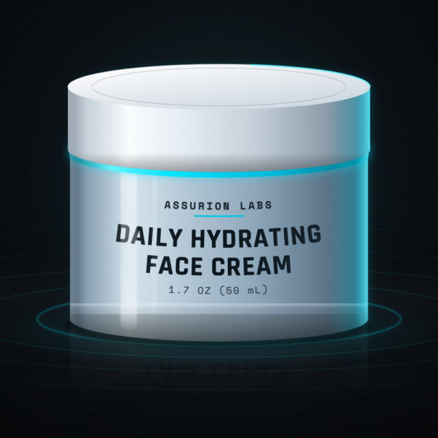 Frosted glass jar of Assurion Labs Daily Hydrating Face Cream on a dark background