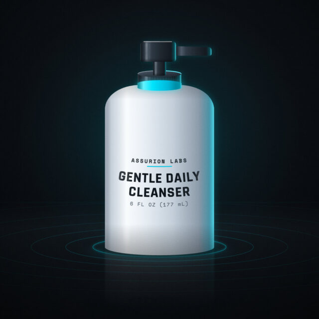 Frosted pump bottle of Assurion Labs Gentle Daily Cleanser on a dark background