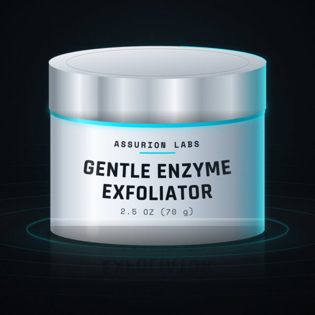 Frosted glass jar of Assurion Labs Gentle Enzyme Exfoliator on a dark background