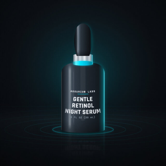 Frosted glass dropper bottle of Assurion Labs Gentle Retinol Night Serum on a dark background