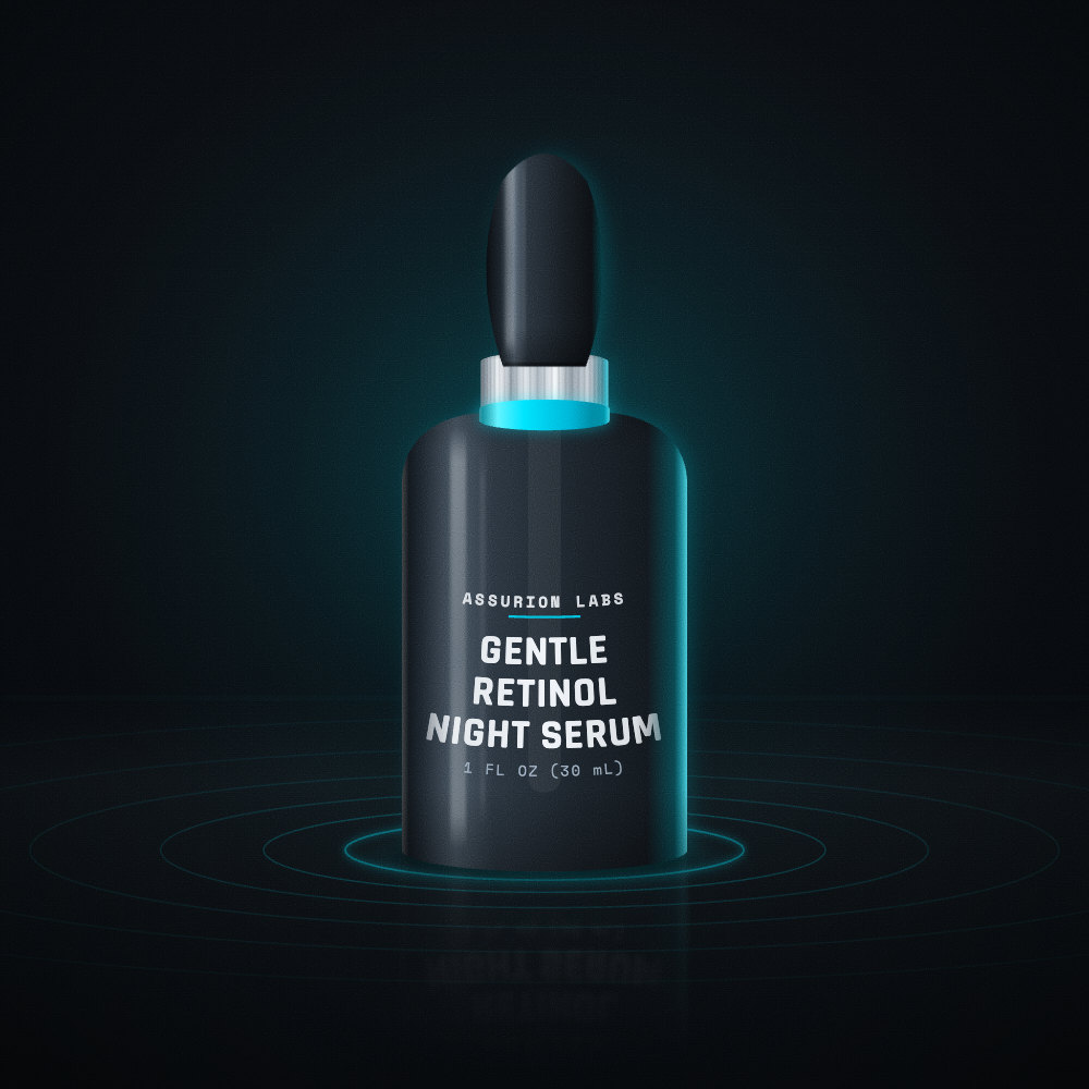 Frosted glass dropper bottle of Assurion Labs Gentle Retinol Night Serum on a dark background