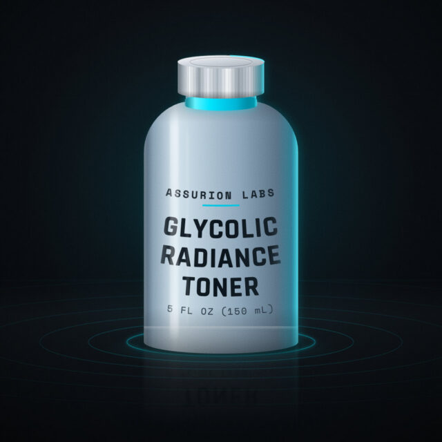 Frosted glass toner bottle of Assurion Labs Glycolic Radiance Toner on a dark background
