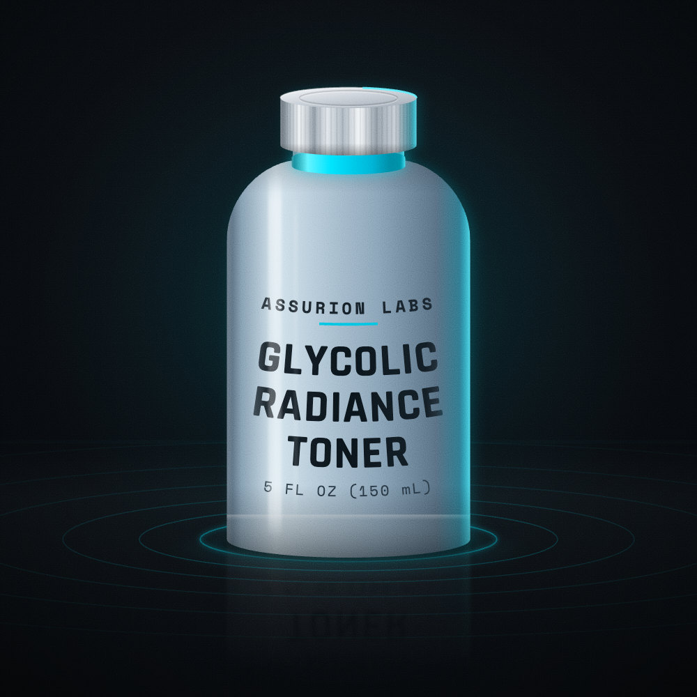 Frosted glass toner bottle of Assurion Labs Glycolic Radiance Toner on a dark background