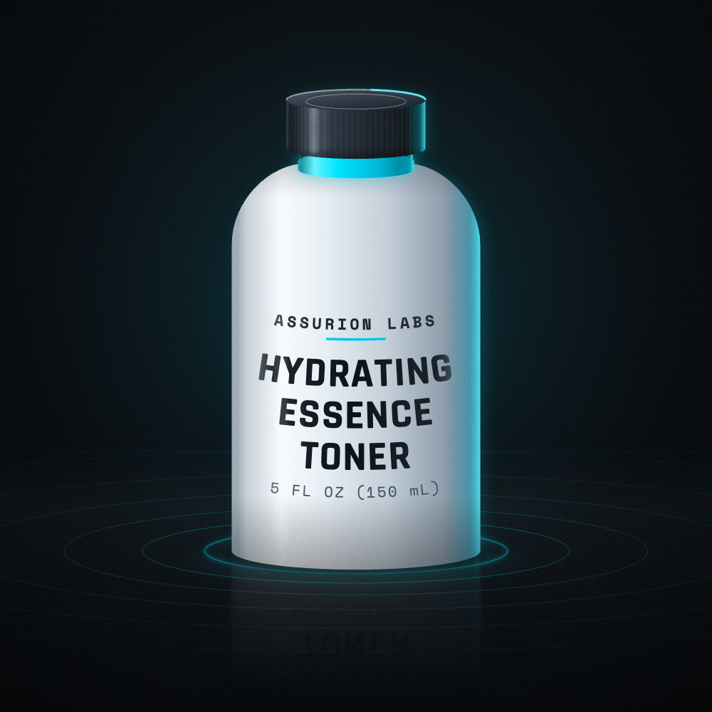 Frosted glass toner bottle of Assurion Labs Hydrating Essence Toner on a dark background