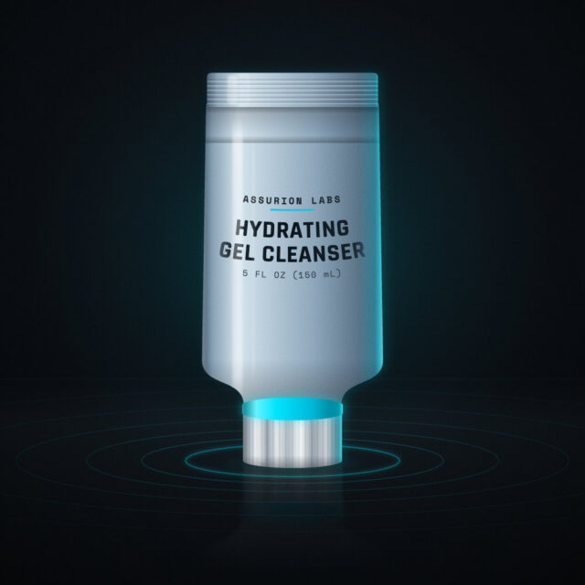 Frosted squeeze tube of Assurion Labs Hydrating Gel Cleanser on a dark background