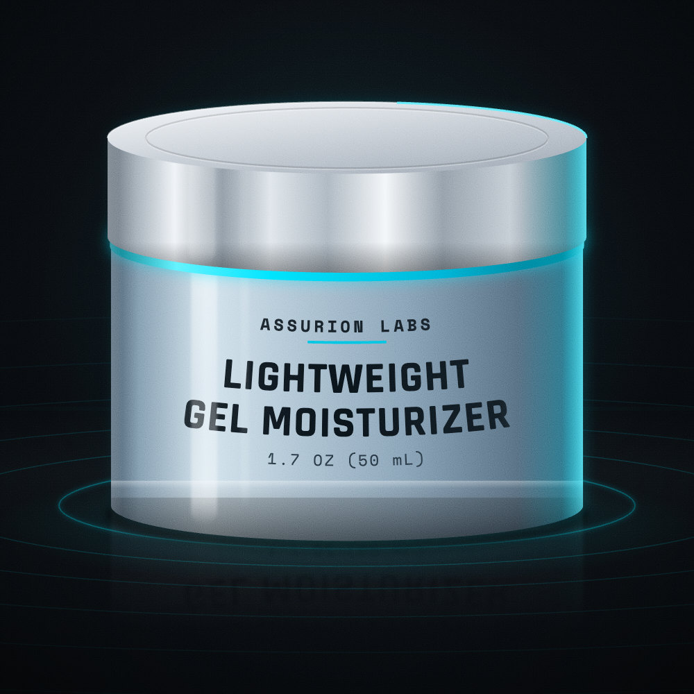 Frosted glass jar of Assurion Labs Lightweight Gel Moisturizer on a dark background