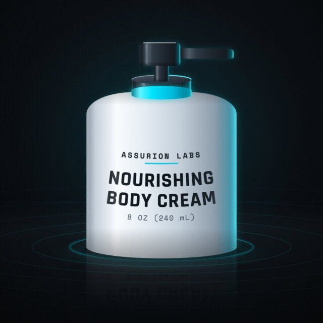 Wide frosted pump bottle of Assurion Labs Nourishing Body Cream on a dark background