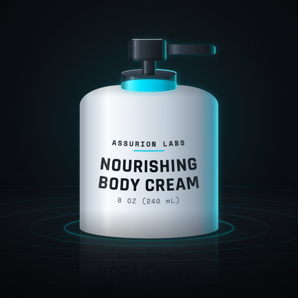 Wide frosted pump bottle of Assurion Labs Nourishing Body Cream on a dark background