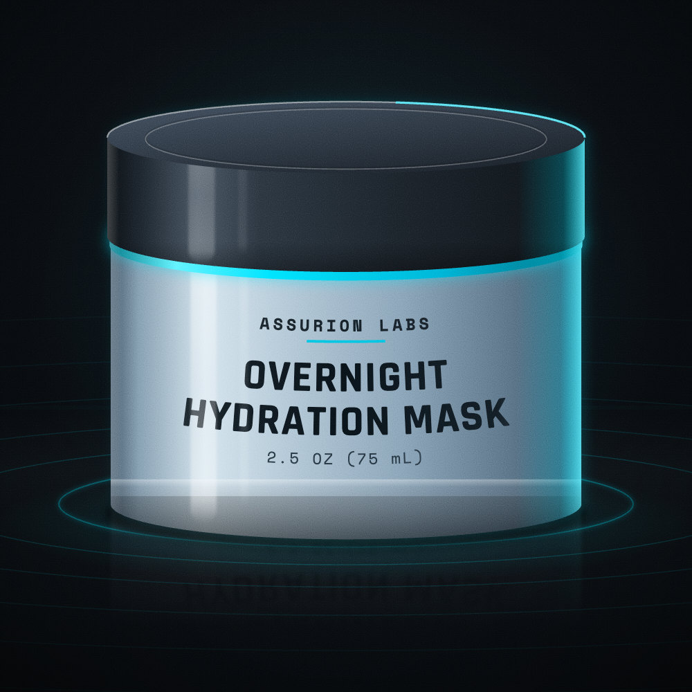Frosted glass jar of Assurion Labs Overnight Hydration Mask on a dark background