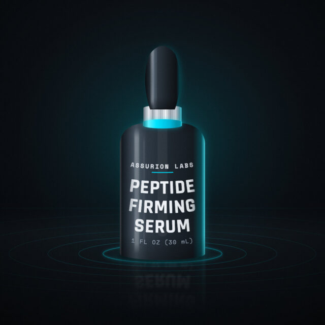 Frosted glass dropper bottle of Assurion Labs Peptide Firming Serum on a dark background