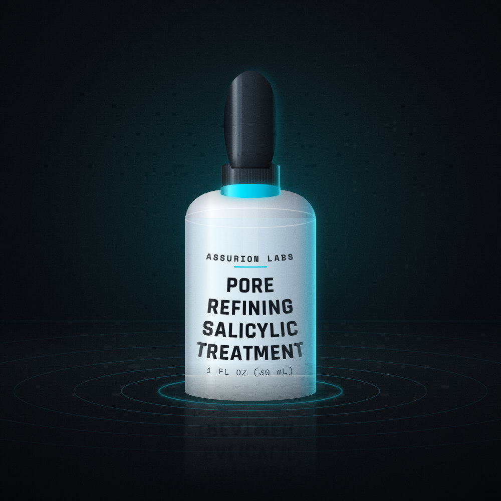 Frosted glass dropper bottle of Assurion Labs Pore Refining Salicylic Treatment on a dark background