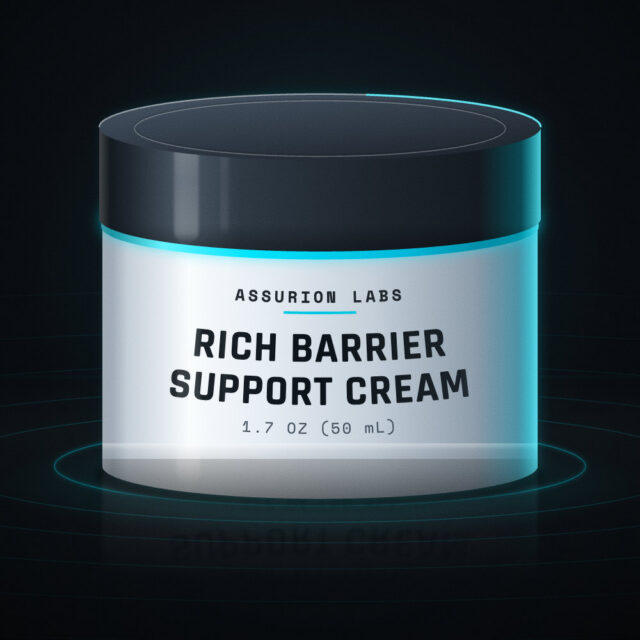 Frosted glass jar of Assurion Labs Rich Barrier Support Cream on a dark background
