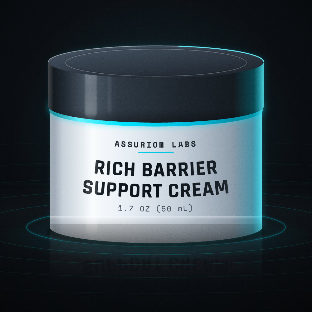 Frosted glass jar of Assurion Labs Rich Barrier Support Cream on a dark background