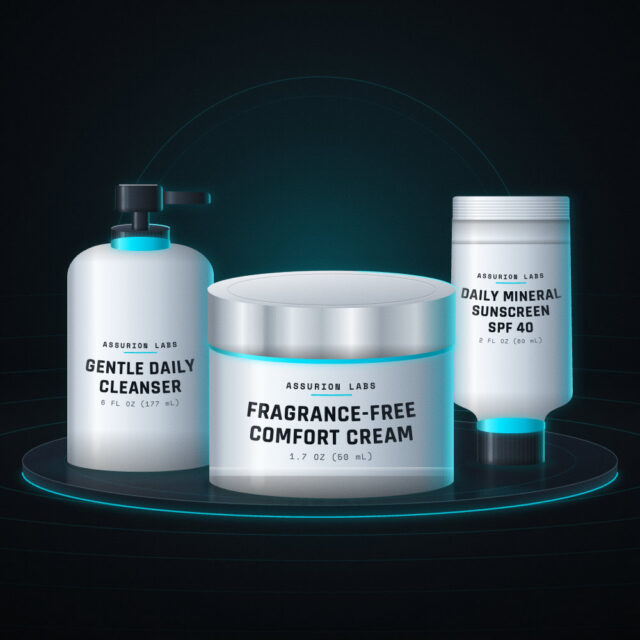 Assurion Labs Sensitive Skin Routine set with a cleanser, a comfort cream jar, and a mineral sunscreen tube on a dark background