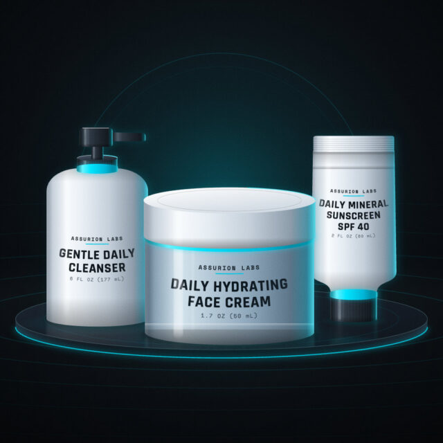 Assurion Labs Simple Skin Care Routine set with a cleanser, a face cream, and a sunscreen tube on a dark background