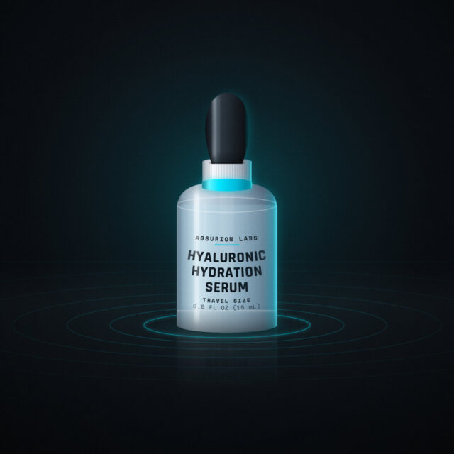 Mini frosted glass dropper bottle of Assurion Labs Travel Size Hyaluronic Hydration Serum on a dark background